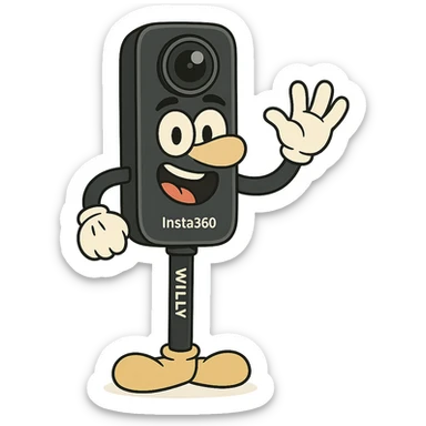 playful, characterful Insta360 camera on a stick named Willy, cartoon style character sticker