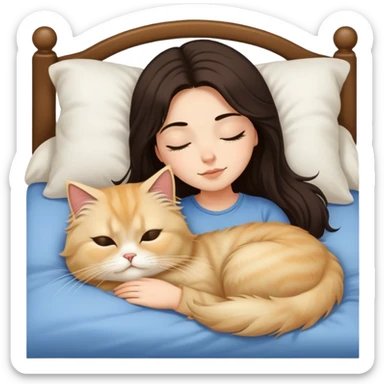 pretty girl with dark long hair sleeping with blonde fluffy  persian cat in bed sticker