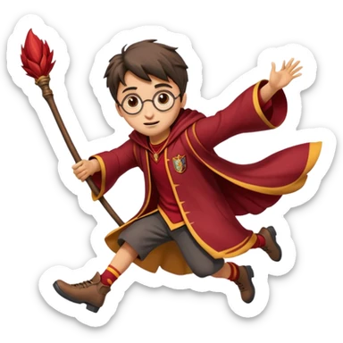 Cartoon-style illustration of Harry Potter flying on a broomstick, Gryffindor red and gold outfit, expressive face, dynamic motion, magical vibe, smooth shading, vibrant colors, no background, transparent background, isolated character. sticker