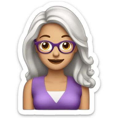 mujer feliz ojos cafe claros con piel blanca con gafas cabello en el hombro y de color marron con un computador en la mano de color morado sticker