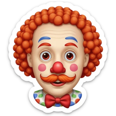 Classic clown — curly mustache, red nose sticker