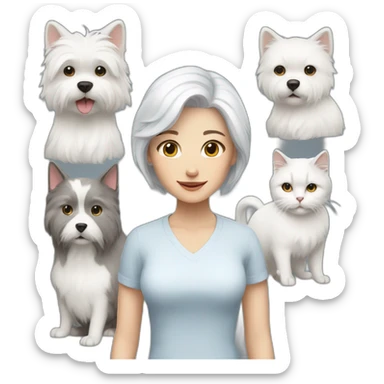 white haired woman with a grey and white cat and a white fluffy dog sticker