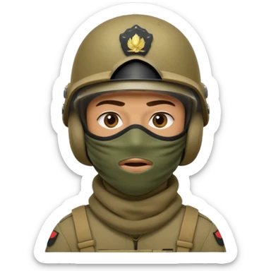 
an Iraqi soldier with a serious face, wearing a helmet and a balaclava covering his mouth sticker