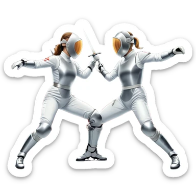 Two fencers in full protective gear and masks duel on a professional piste, swords clashing mid-air. Dynamic lunges and defensive stances highlight the intensity of the sport. The background features a stylized fencing arena with bright lights. Transparent background sticker