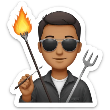 A guy in sunglasses holding tongs, proudly turning skewers over glowing charcoal. sticker