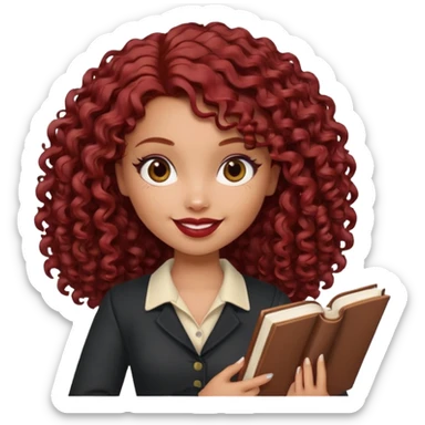generate a pretty bratz girl curly dark red hair, brown lipstick on, smiling. Book in hand sticker