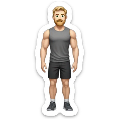 Full height Pale skinned fit man With biceps, Realistic eyes and mouth, light brown hair and stubble In dark gray sleeveless mike, black oversize sports shorts, watch and white sneakers. sticker