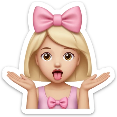 Sticking tongue out with eyes open with a light pink bow on the emoji withe hands out! sticker