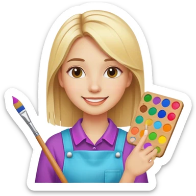 painter girl with straight blonde hair, very cheerful and colorful sticker