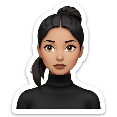A half-body portrait of a stylish woman with sleek black hair tied in a low ponytail, dressed in a chic, minimalist outfit with a black turtleneck sweater. She has a confident expression, with a modern cityscape as the background sticker