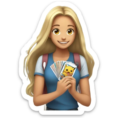 smiling girl holding Pokémon cards  sticker