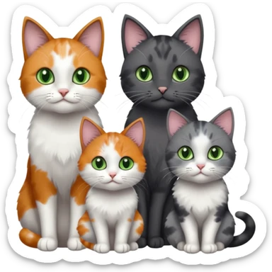 3 different coloured small cats including a dark grey and white, and a patchy calico and a completely solid dark grey with green eyes and only white paws sticker
