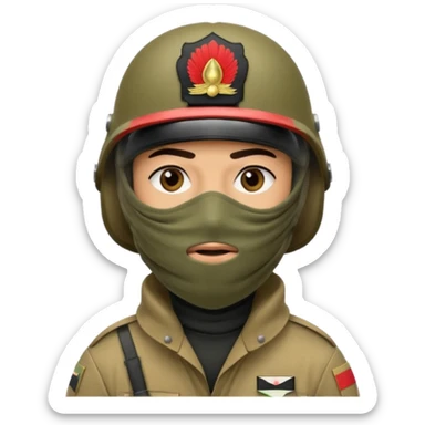 
an Iraqi soldier with a serious face, wearing a helmet and a balaclava covering his mouth sticker