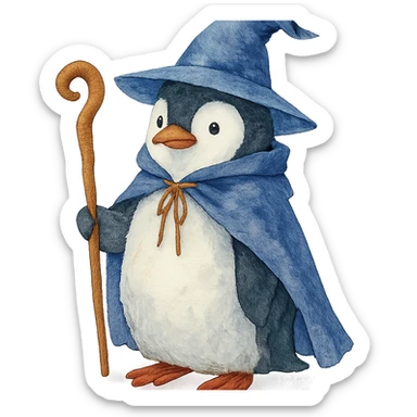 watercolor style penguin wizard sticker