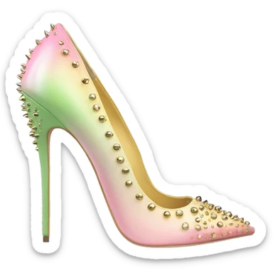 Hyper Realistic top front view of a pair of pastel pink,pastel green,and pastel yellow ombre gold studded pointed toe stiletto shoes.  sticker