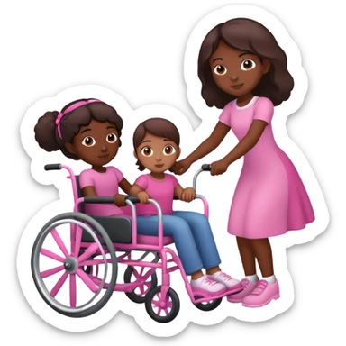 One dark skinned sister pushing her brown sister in a pink wheelchair sticker