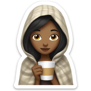 Girl with black hair and  blanket on her drinking coffee sticker