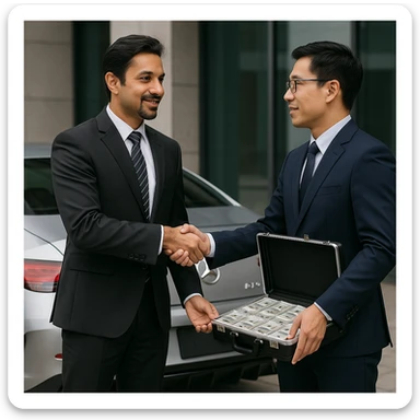 A light-skinned Indian man with a goatee handing a briefcase of money to a Chinese man, both shaking hands, with an AMG car in the background. sticker