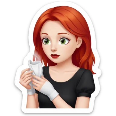 a woman with red hair and red eyes sniffing a white sock. The woman wear a black  dress sticker