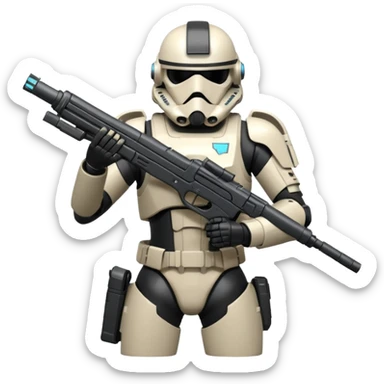 A joking DARK Trooper from Star Citizen, a skifi space Game. With a futuristic gun sticking to His back sticker