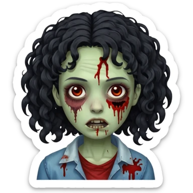 a zombie with curly medium black hair, dark brown eyes and a bit of blood on her cheek sticker