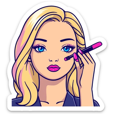 Blonde woman with long hair, blue eyes and pink lips holding mascara in her hands sticker