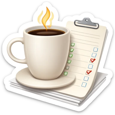 Coffee cup and checklist note connected by a glowing link or chain, showing habit stacking sticker