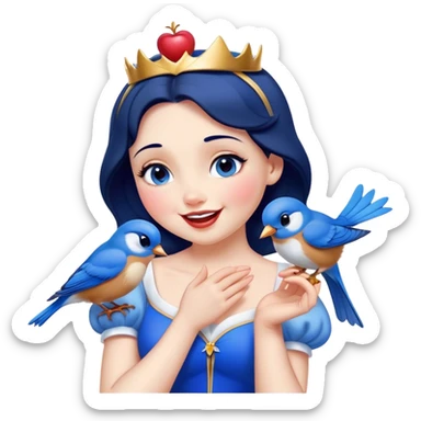 Cinematic Adorable Snow White Portrait Emoji, Giggling as a bluebird perches on her finger, cheeks rosy with joy, bright expressive eyes full of wonder, her innocence and beauty blending into a heartwarming moment! sticker
