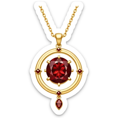 enchanted talisman of grounding and rebirth, red garnet pendant with gold chain, glowing with magic sticker