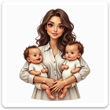 realistic illustration of a mother standing holding two babies in her arms, detailed face, expressive eyes and lips, long wavy hair, wearing a blouse, babies in bodysuits, no background sticker