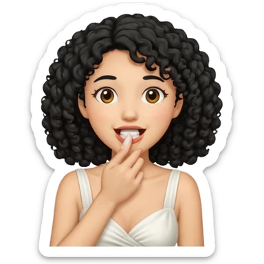 Woman with black curly hair giggling covering mouth wearing white dress sticker