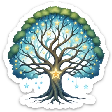 Celestial family tree with star-like portraits connected by flowing gossamer branches, ethereal ancestral connections sticker