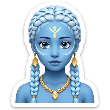 Draw a Na’vi female with glowing blue skin, white forehead markings, braided hair, gold earrings & a calm gaze. sticker