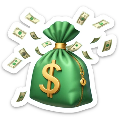 

3D emoji style, big bag of money, flying dollar bills, rich casino vibe, smooth lighting, high detail, clean edges, transparent background



 sticker
