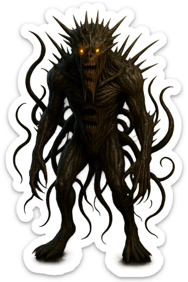 Add even more monstrous features to the monster in the image: extra mouths, horns, spikes, claws, and tentacles. Keep the monster huge, terrifying, realistic, slimy, with glowing eyes, and no background. sticker