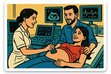 A nurse giving a pregnant young woman an ultrasound scan in a modern hospital with her husband by her side and in the background heart rate monitors and blood pressure sticker