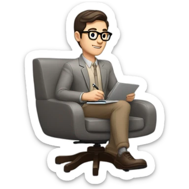 Pale skinned Fit Man With dark brown hair in gray jacket, beige office shirt and vintage glasses sitting In a soft chair with a notebook with emblem Ψ and a pen in his hands sticker