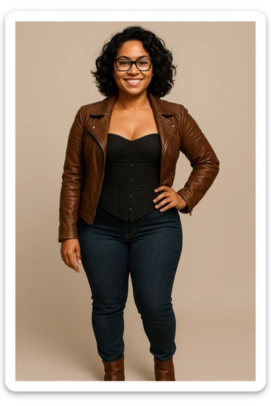 A woman with light brown skin, wavy black hair, and square-shaped glasses. She wears a black corset dress with a brown leather jacket, blue jeans, and brown ankle boots, smiling and standing confidently. sticker