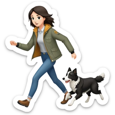 A beautiful tall girl with fair skin wearing a jacket chasing a Border Collie sticker