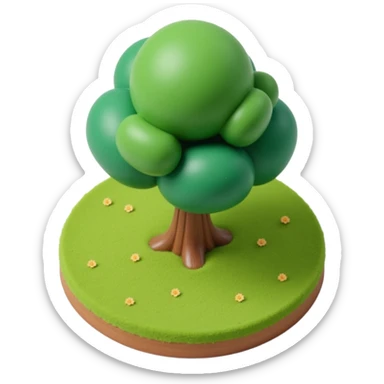round badge featuring a tree and grass, skeuomorphic, gradients, shadows, tactile, lifelike appearance sticker