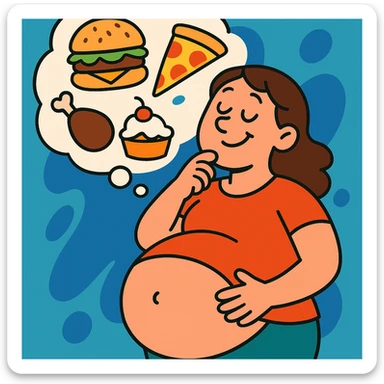 cartoon of a woman with a big hungry tummy, daydreaming about food, fun and lighthearted, vibrant toon style sticker