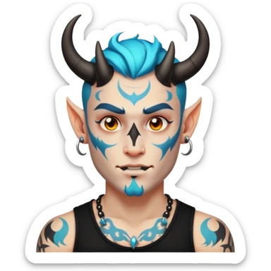 white skin Rock-style man — piercings, glowing tattoos on face, black horns sticker