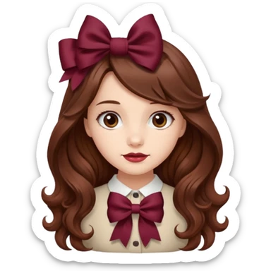 girl wavy long brown hair with a burgundy bow sticker