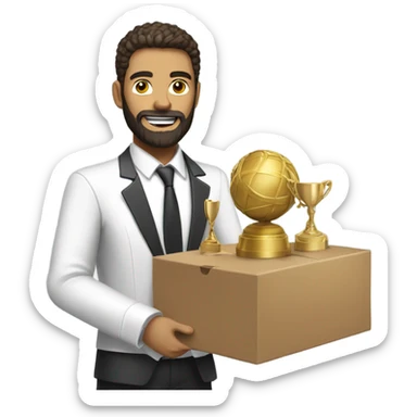 White guy with a beard in a suit taking a large box of taekwondo trophies to the garbage sticker