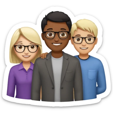 four people. Asian girl, black guy with glasses and dyed blonde hair, indian guy with glasses, asian guy sticker