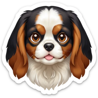 Cinematic Cute Tri-Colour Cavalier King Charles Spaniel Portrait Emoji, Head tilted playfully and inquisitively, silky tri-colour fur with vibrant black, crisp white, and warm tan patches, round, sparkling brown eyes filled with curiosity, Simplified yet irresistibly adorable features, highly detailed, glowing with a warm, friendly glow, high shine, affectionate and lively, stylized with a touch of whimsy, bright and endearing, soft glowing outline, capturing the essence of a mischievous yet loving pup, so playful it feels like it could pounce out of the screen and into your arms! sticker