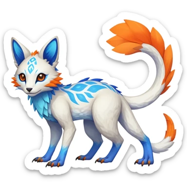 Rare realistic exotic white and neon-blue and neon-orange epic pretty beautiful handsome gorgeous aesthetic colorful vibrant Vernid-Trico-species-Fakemon-creature by LiLaiRa, 4 legs, 1 tail, random markings, (full body) sticker