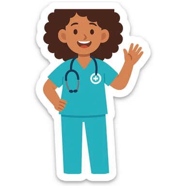 flat toon style Latina nurse with curly hair, nurse scrubs, cheerful sticker