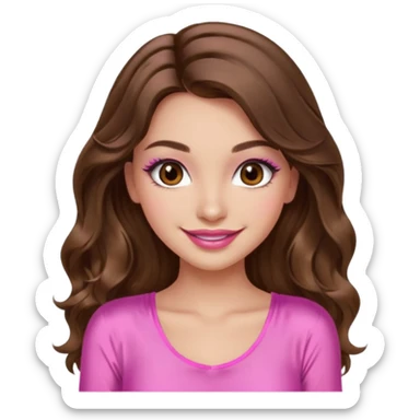 girl with long wavy brown hair, brown eyes, long lashes makeup, sexy pink lips, light to medium complexion, wearing a pink sexy silk top, smiling sticker