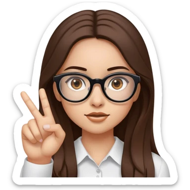 ragazza con capelli castani lunghi, occhiali neri, carnagione chiara, occhi castani, che indica di cliccare sul sito sticker